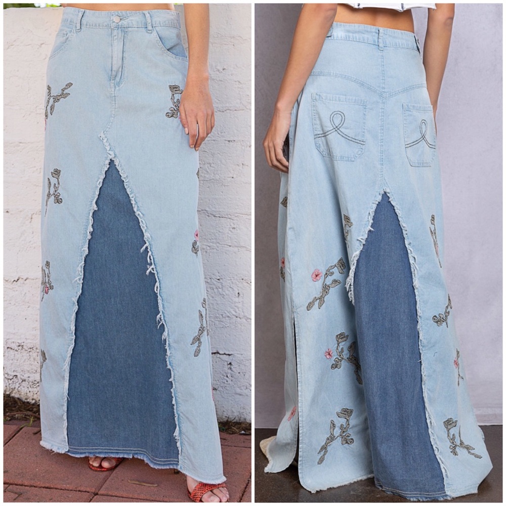 FLOWER CHILD Bohemian Long Denim Maxi Skirt - Picture 1 of 15